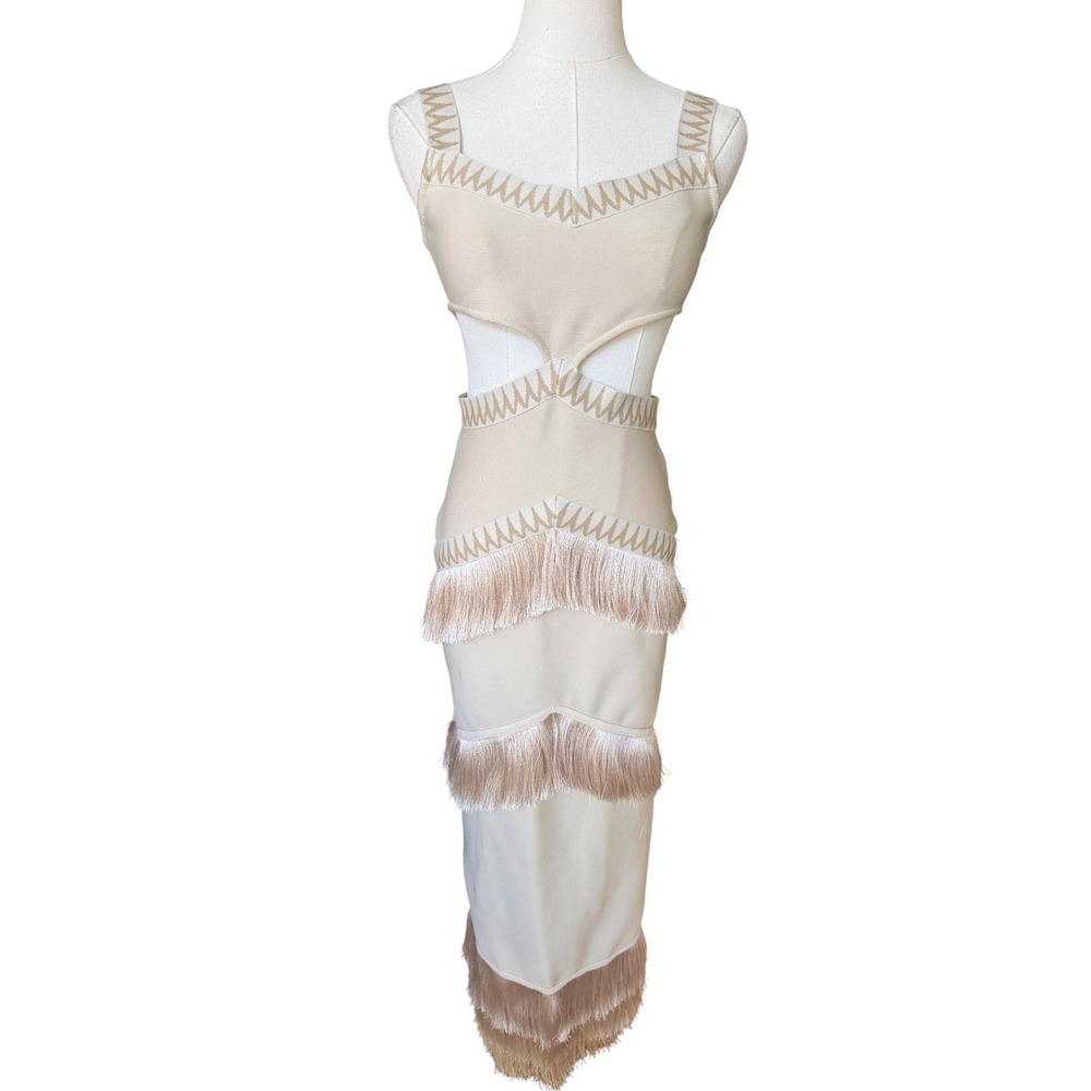 Fringe Cutout Boho Bodycon Midi Dress Size S Luxe Statement Cocktail Vegas Date - Picture 4 of 14